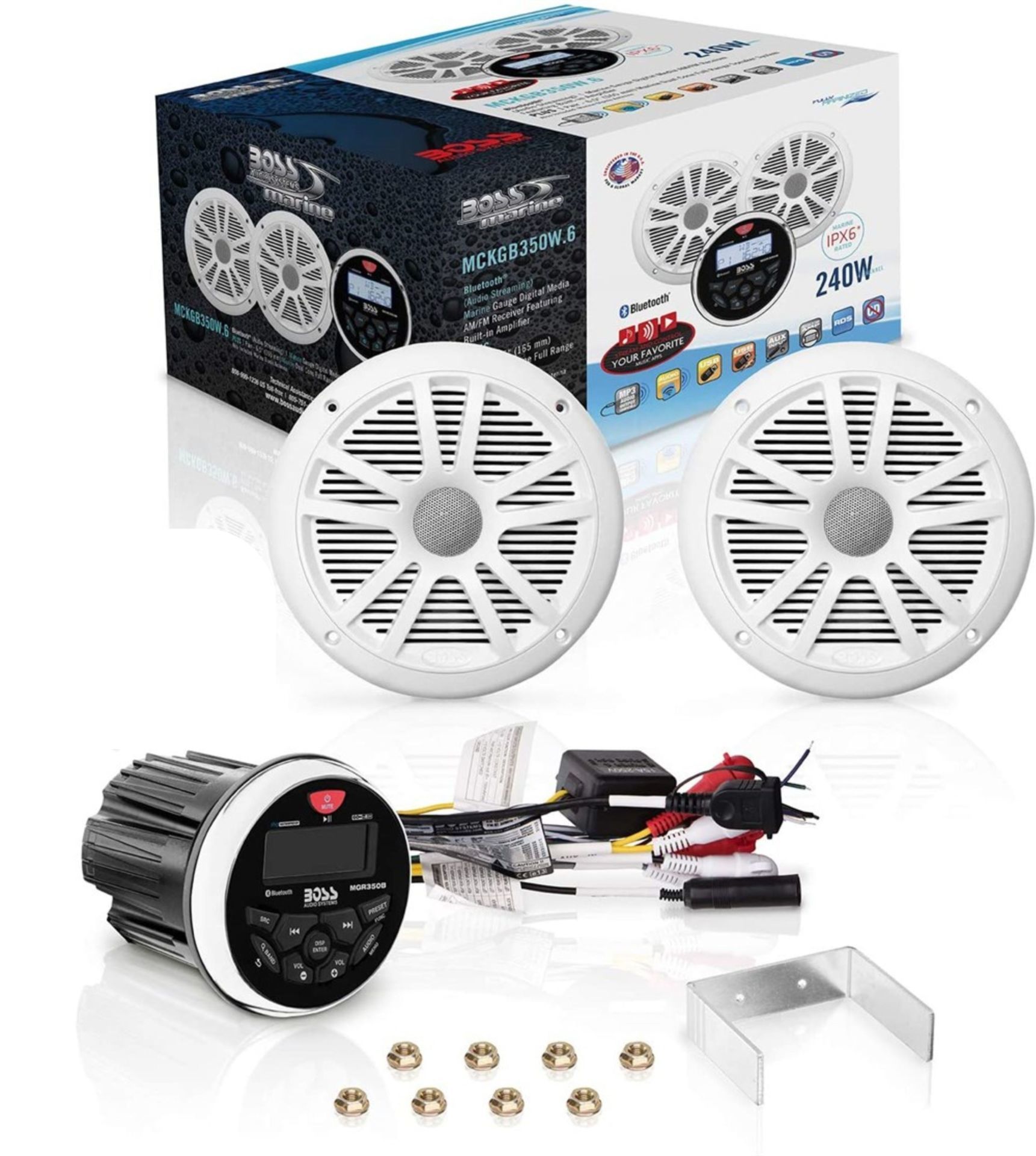 BOSS Audio Systems MCKGB350W.6 USB AUX Girişli Bluetoothlu Hoparlörlü Marin Teyp Seti